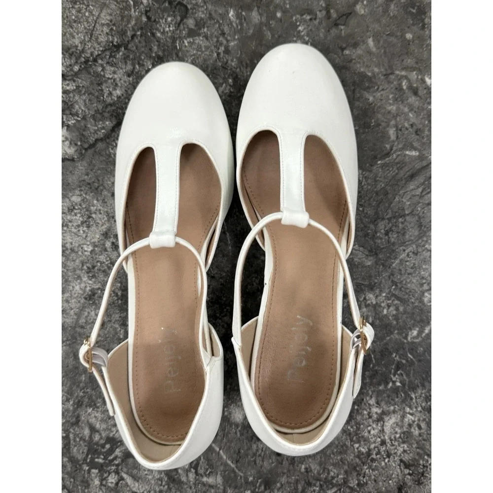 Peijely Womens T Strap Mary Jane Chunky Block Heel Dress Shoes White Sz 10 10.5